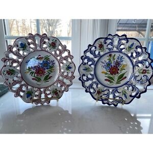 Kessal & Matheus Hand Painted Portugal Reticulated Floral Wall Plates Set of 2